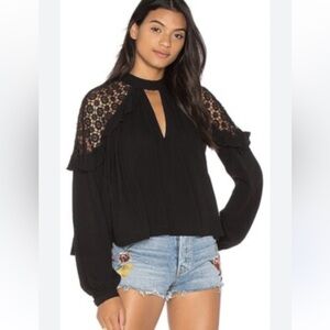 Free People Little Bit Of Love Blouse Womens S Black Lace Trim Crochet Sleeve